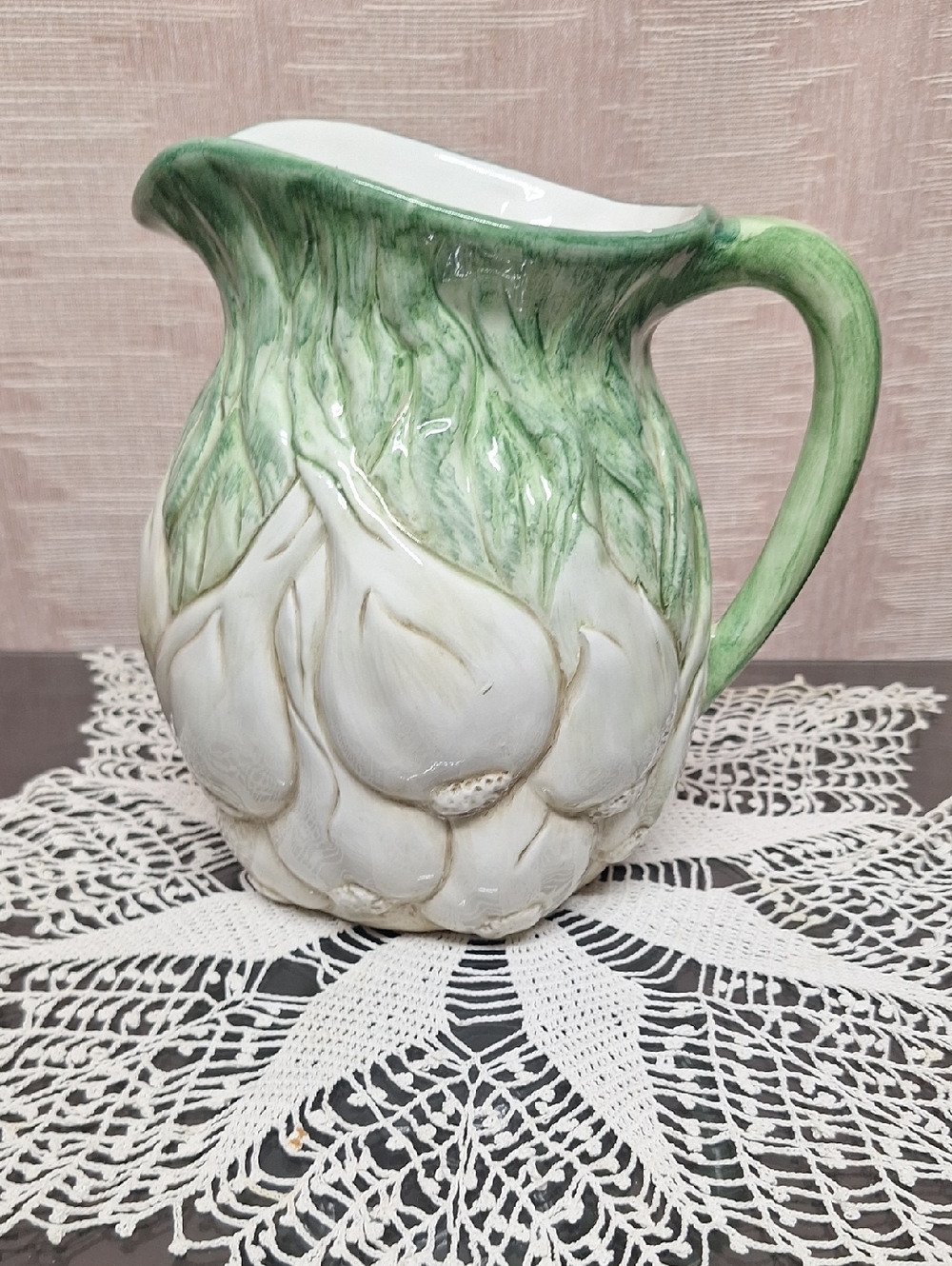 Green and White Ceramic Artichoke-Style Pitcher By Valli Ceramiche